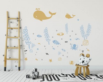 Sea World Wall Decal-Ocean Scene with Whales, Octopus, Plenty of Fish and Other Sea Creatures.